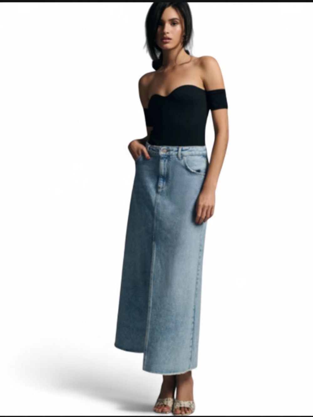 Pilcro The Madi Front Slit Denim Maxi Skirt Raw Hem Size 10 EU 42